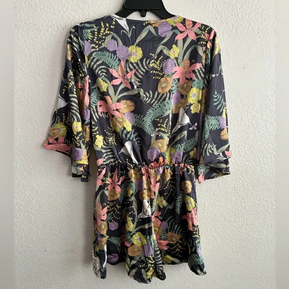 🆕I.Madeline Floral Lace-Trim Wrap Romper in Charcoal with Pastel Blooms M🆕